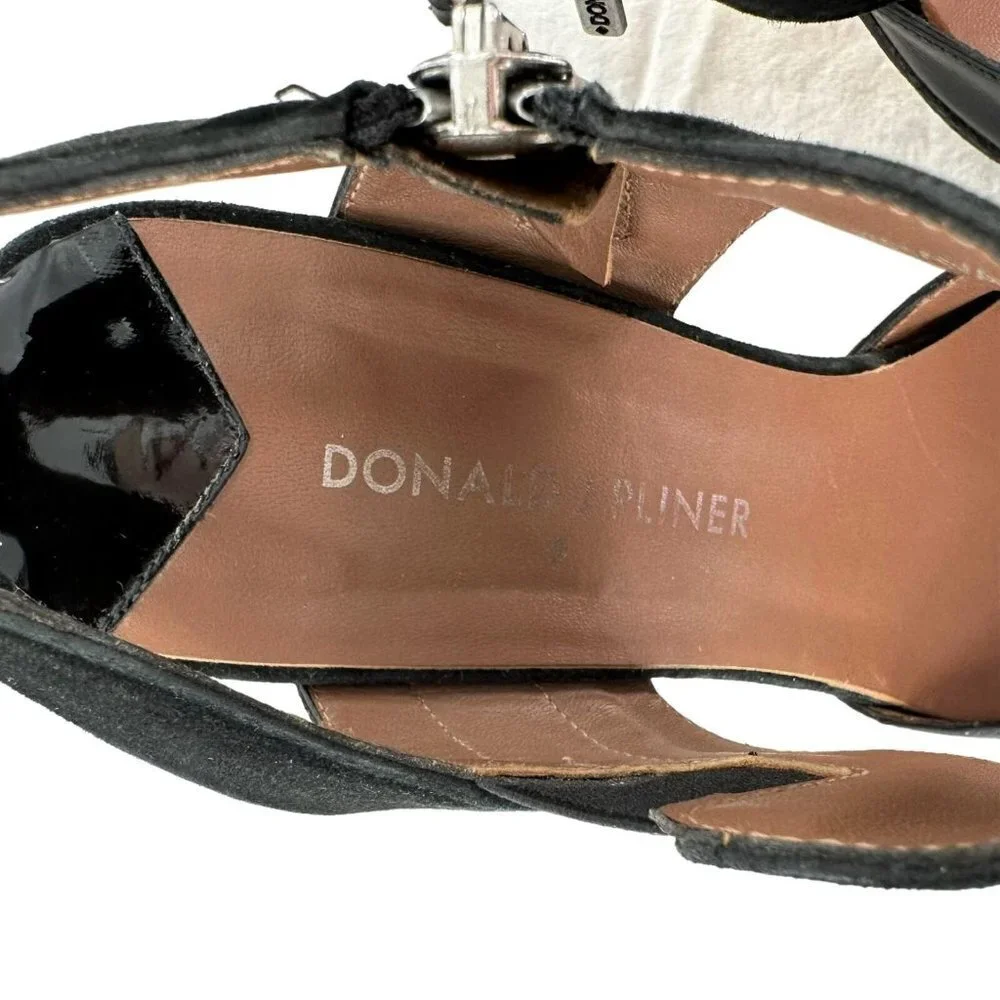 Donald Pliner BRAVA Black Patent Leather and Suede Ankle Strap Zip Heels Size 7